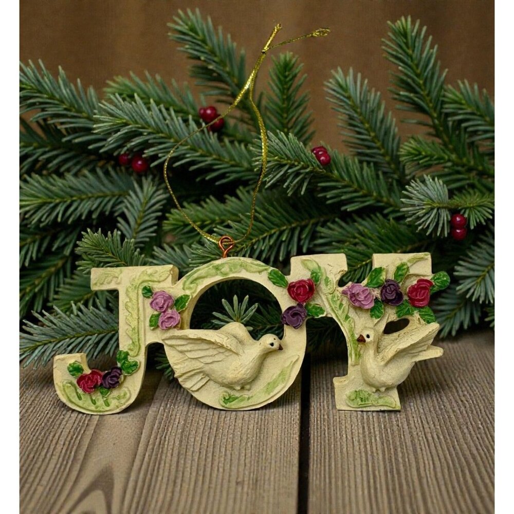 Joy Christmas Ornament Floral Design with Doves Roses Romantic